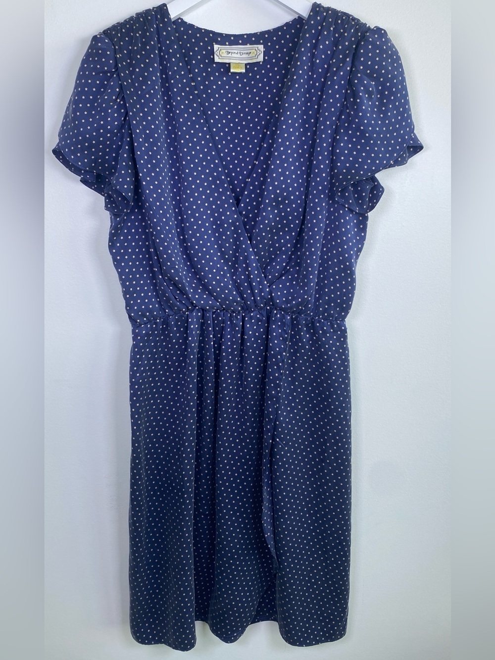 Beyond Vintage 100% Silk Navy and White Polka Dot Midi Wrap Dress